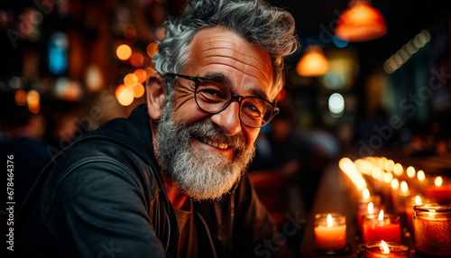 A joyful man, illuminated by candlelight, smiles confidently at camera generated by AI © Stockgiu