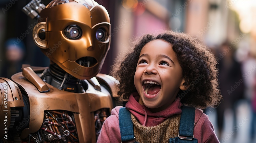 A joyful child and a robot companion depict the modern bond between humans and AI-powered friends. A joyful child and a robot companion depict the modern bond between humans and AI-powered friends.