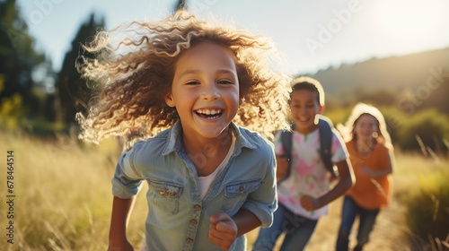 Group of happy boys and girls running in fields during sunset