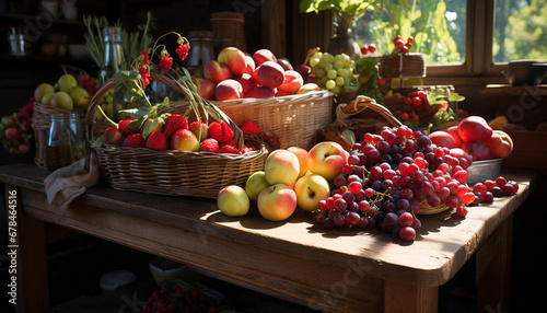 Fresh organic fruit basket on wooden table, a healthy summer snack generated by AI