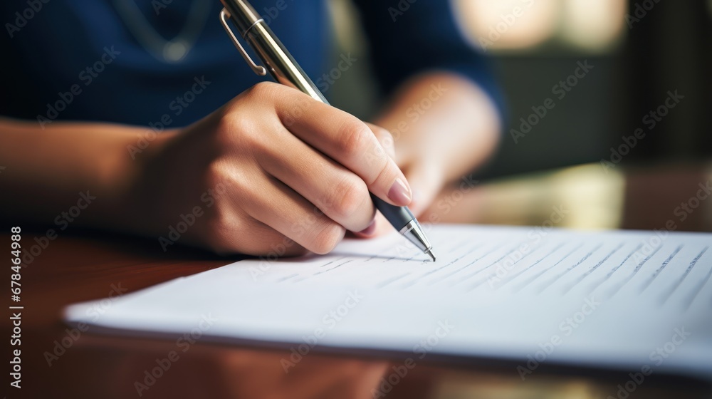 Close up of hand with pen writing on paper on office background Close up of hand with pen writing on paper on office background