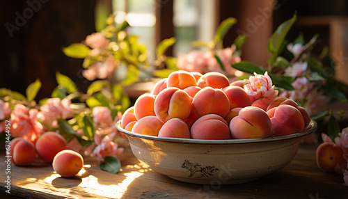 Fresh fruit on wooden table, healthy eating in nature generated by AI