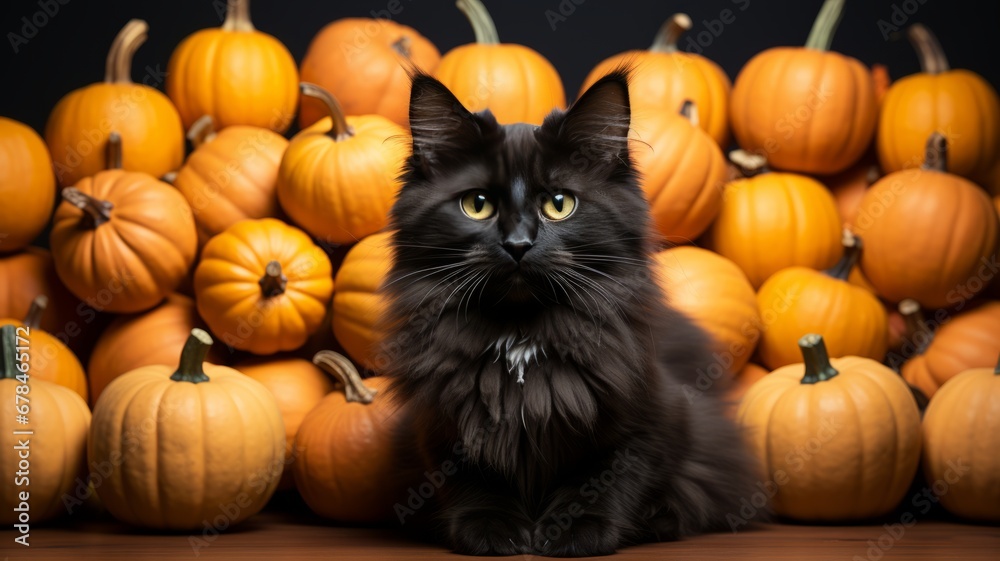 A black cat with pumpkins for Halloween in the background A black cat with pumpkins for Halloween in the background