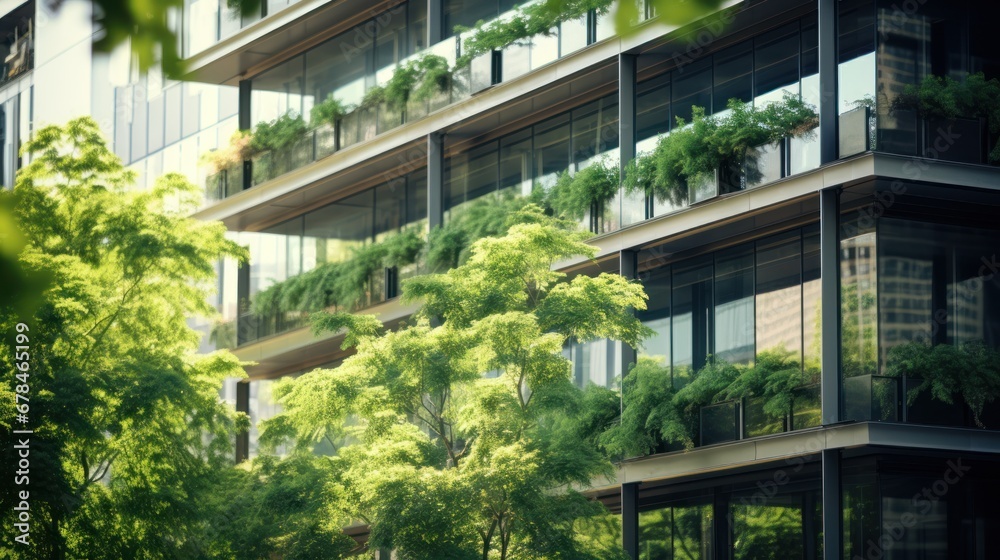 Modern residence with nature concept, Eco-friendly building in the modern city. Green tree branches Modern residence with nature concept, Eco-friendly building in the modern city. Green tree branches