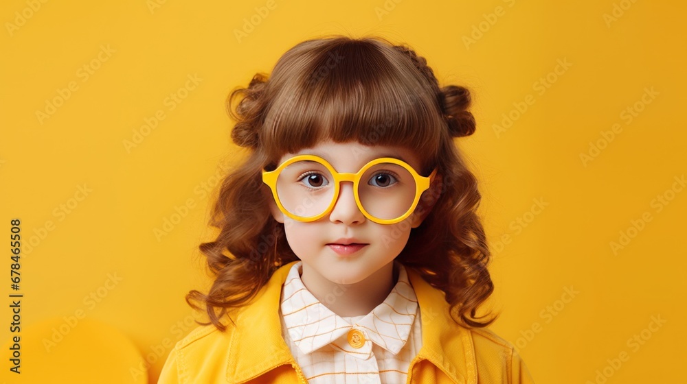 funny child school girl on yellow background,Little boy happy studying in classroom, copy space - obrazy, fototapety, plakaty 