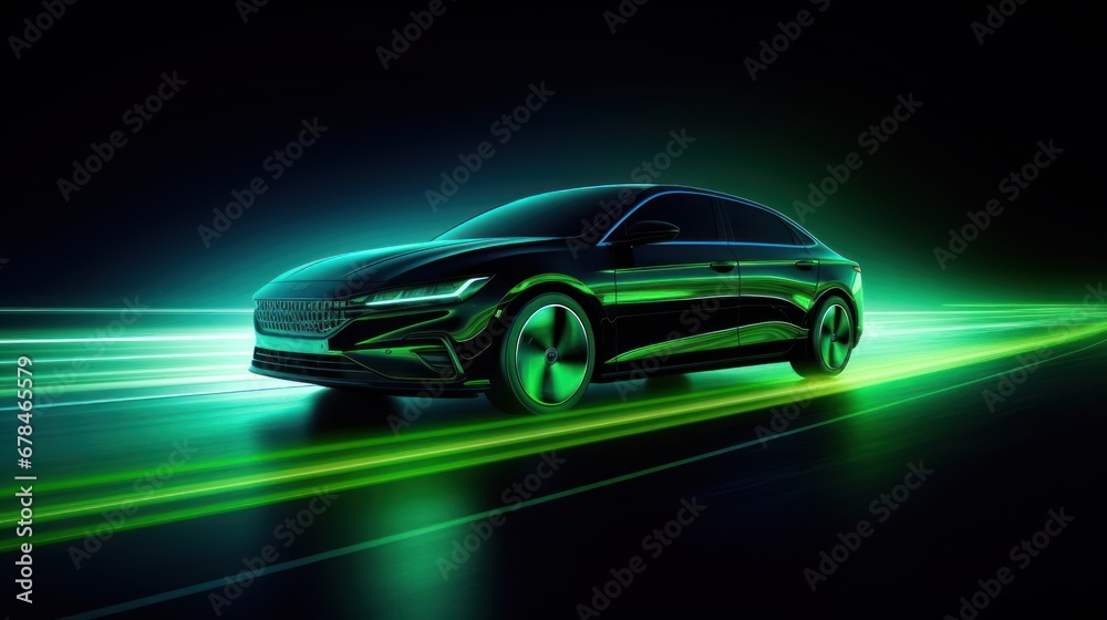 Green neon glowing in the dark electric car on high speed running concept.