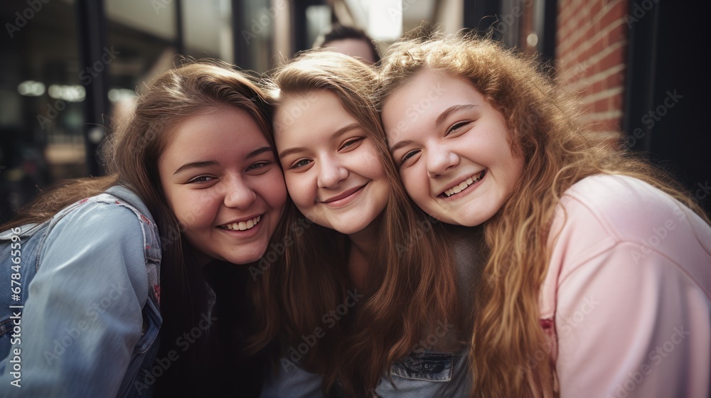 Group of friends,  chubby teenage girls, hugging each other, smiling happily at school.