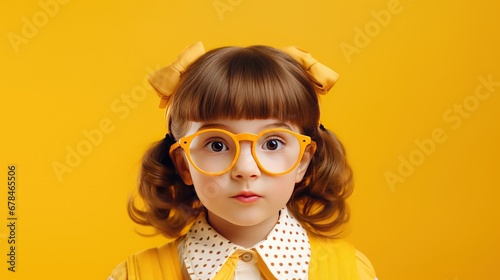 funny child school girl on yellow background,Little boy happy studying in classroom, copy space photo