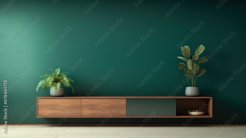 Home decoration concept,Living room with cabinet for tv on dark green color wall background - obrazy, fototapety, plakaty 