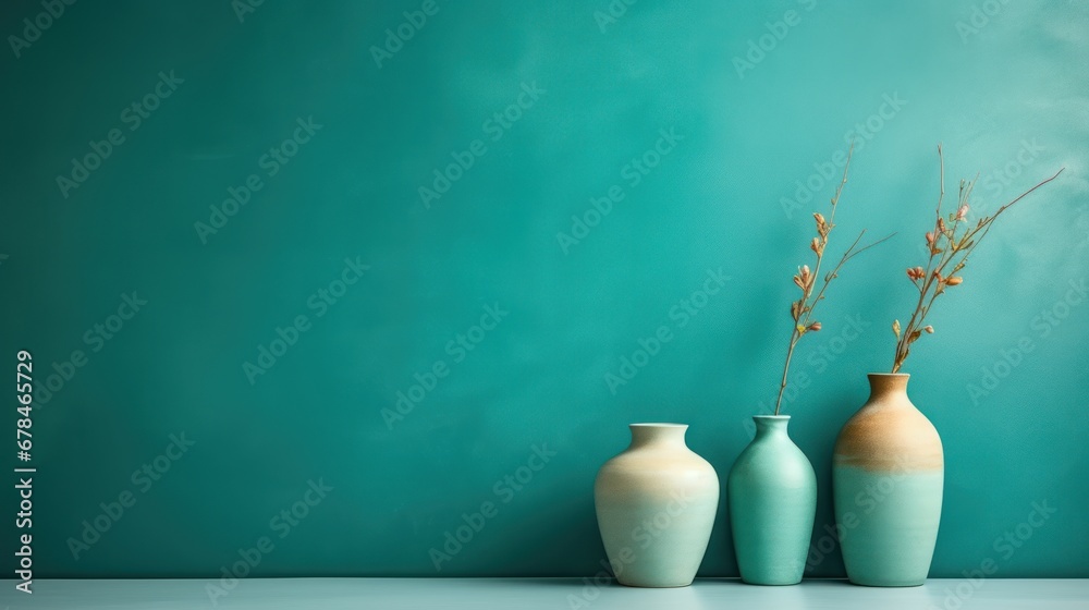 Minimal interion design with ceramic vases on teal plaster texture wall Minimal interion design with ceramic vases on teal plaster texture wall