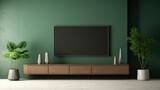 Home decoration concept,Living room with cabinet for tv on dark green color wall background