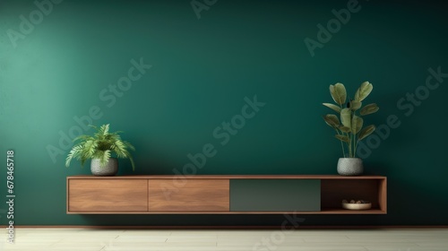 Home decoration concept,Living room with cabinet for tv on dark green color wall background photo