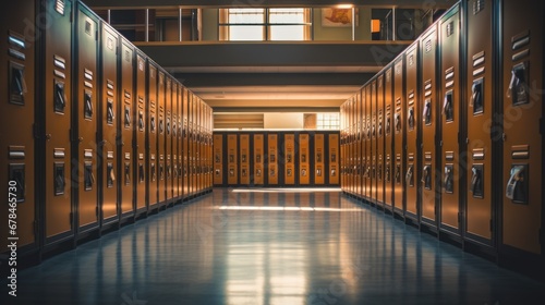 Education and happiness, Lockers in school corridor, places for storing students' bags in high school