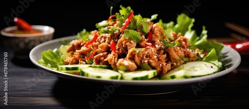 Pork salad with spicy minced meat on the table