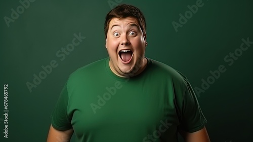 Portrait of a funny young chubby dressed casual t-shirt smiling on a dark green background