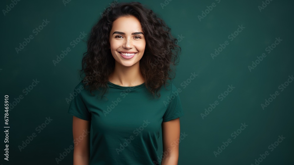 Portrait of funny young lady dressed casual t-shirt smiling on dark green background. Portrait of funny young lady dressed casual t-shirt smiling on dark green background.