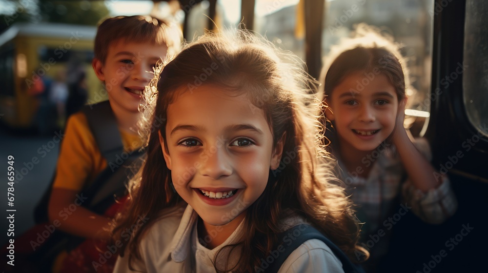Group of smiling happy female students on the school bus, Group of smiling happy female students on the school bus,