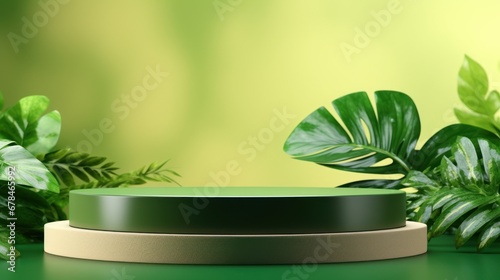 Product display podium with nature leaves on green background,Pallet with natural background
