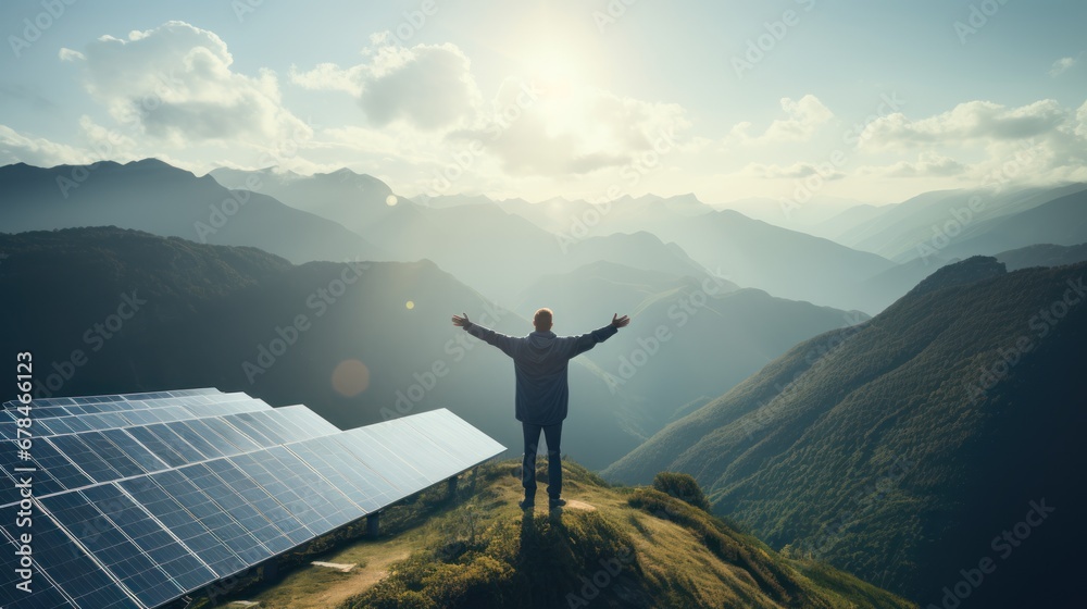 A young man stands with his arms outstretched on the mountain. There are solar panels around, energy and nature. - obrazy, fototapety, plakaty 