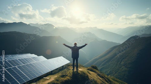 A young man stands with his arms outstretched on the mountain. There are solar panels around, energy and nature. photo