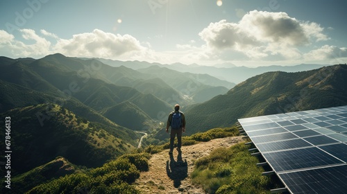 A young man stands with his arms outstretched on the mountain. There are solar panels around, energy and nature.