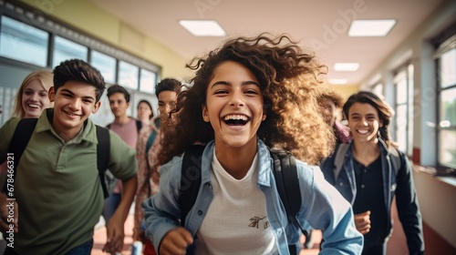 Teenager school kids running in high school hallway ,happy, smiling  photo