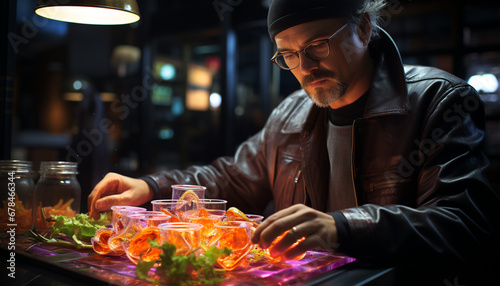 A man sitting at a bar  holding a drink  enjoying nightlife generated by AI