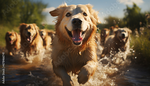 Golden retriever puppy playing in the water on a sunny day generated by AI
