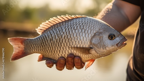 Fish in the hands of a traditional fisherman, fisherman with fish, tilapia