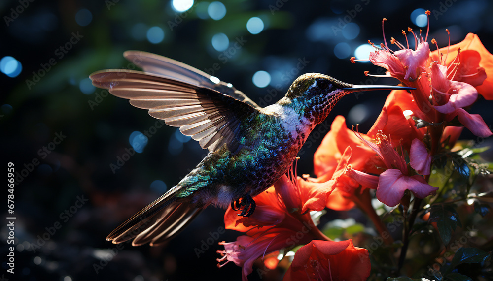 Hummingbird hovers, spreads wings, pollinates flower, showcasing natural beauty generated by AI Hummingbird hovers, spreads wings, pollinates flower, showcasing natural beauty generated by AI