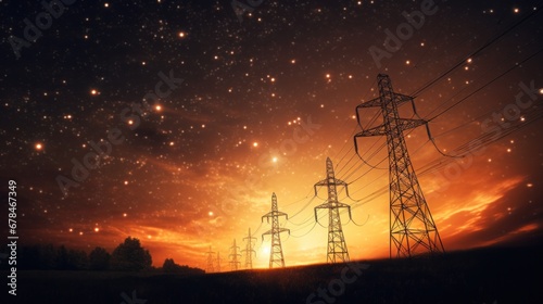 Electricity transmission towers with orange glowing wires the starry night sky. Energy infrastructure concept, energy, electricity, voltage, supply, pylon, technology.