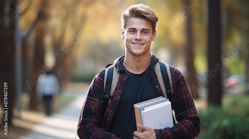 Handsome student man with backpack and books outdoor. Smile boy happy carrying a lot of book in college campus. Portrait male on international University. Education, study, school