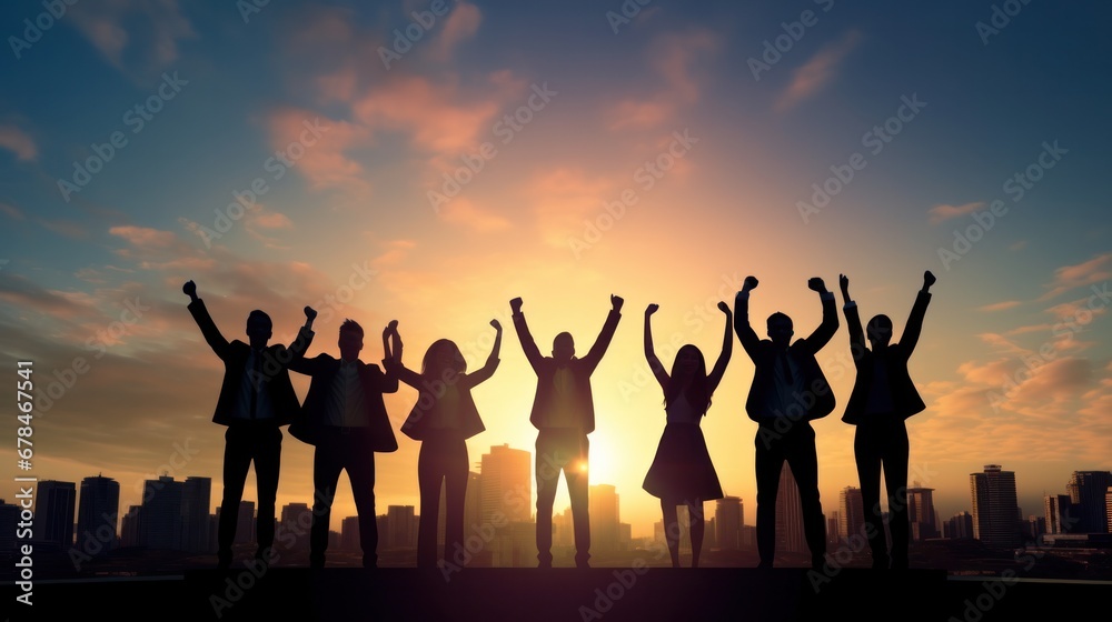 Silhouette of business team stand and feel happy on the most hight at stand on sunset, success, leader, teamwork, target, Aim, confident, achievement, goal, on plan, finish, generate by AI Silhouette of business team stand and feel happy on the most hight at stand on sunset, success, leader, teamwork, target, Aim, confident, achievement, goal, on plan, finish, generate by AI