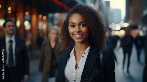 portrait of a beautiful smiling white young black businesswoman boss in a black suit walking on a city street to his company office. blurry crowdy street background