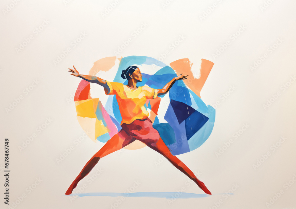 Obraz premium Girl in a orange shirt and blue pants dances in a expressive contemporary style — Gouache painting, natural brush strokes, beautiful illustration