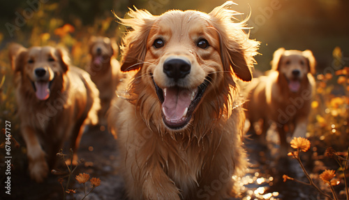 Cute puppy playing outdoors, smiling in the golden sunlight generated by AI