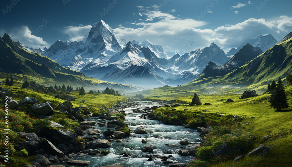 Majestic mountain peak reflects sunlight, creating tranquil panoramic beauty generated by AI