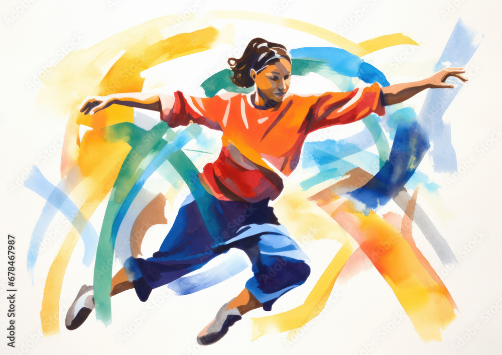 Fototapeta premium Girl in a orange shirt and blue pants dances in a expressive contemporary style — Gouache painting, natural brush strokes, beautiful illustration