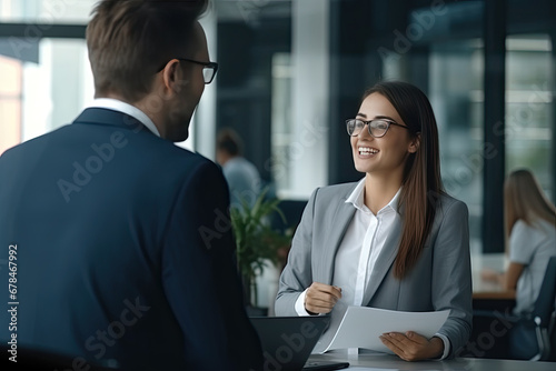 Young caucasian businessman and businesswoman talking and meeting for planning marketing in the office, business man talking and discussion with partner, small business and startup, generative ai.