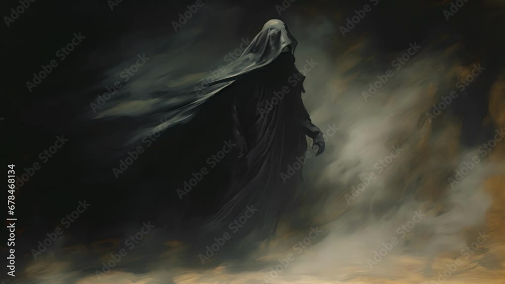A shadowy figure, cloaked in a shroud of ash and coal, seemingly made of the very essence of darkness. A shadowy figure, cloaked in a shroud of ash and coal, seemingly made of the very essence of darkness.