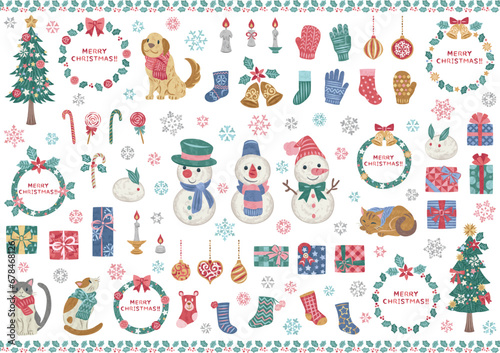冬　雪だるま　雪の結晶　クリスマスツリー　クリスマスリース　イラスト素材セット	