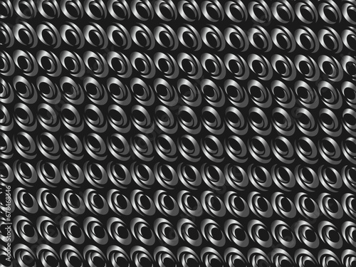 Black metal texture steel background with unique ornament. Abstract metal sheet.