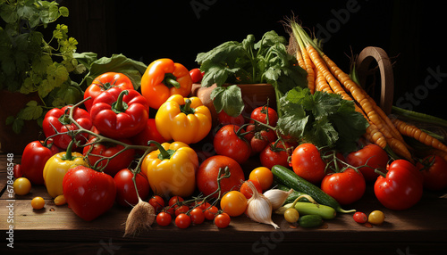 Fresh  healthy vegetables on wooden table tomato  cucumber  carrot generated by AI