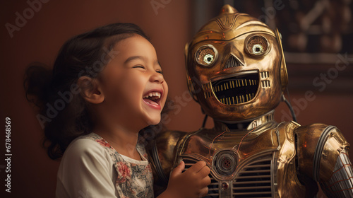 A joyful child and a robot companion depict the modern bond between humans and AI-powered friends photo