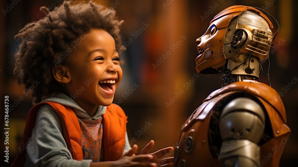 A joyful child and a robot companion depict the modern bond between humans and AI-powered friends