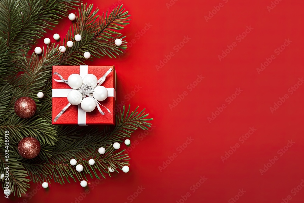 flat view christmas fir branches and decorative little giftbox red and white balls on Red background