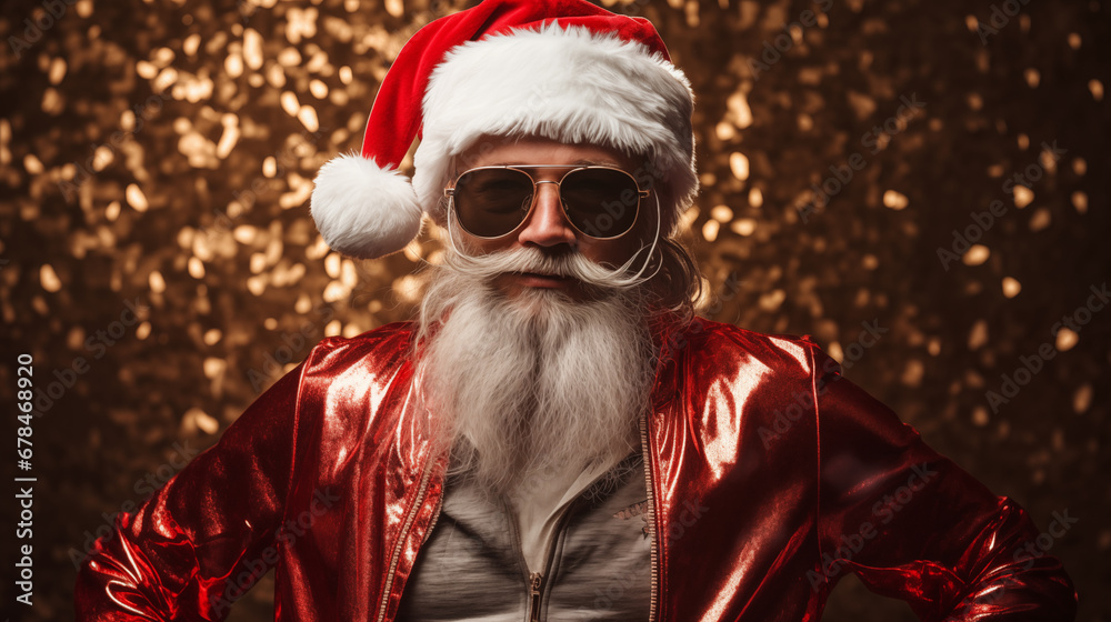 Generative AI photo of cool street vibe Santa Claus in cherry red jacket and sunglasses on a dark copper background with copy space