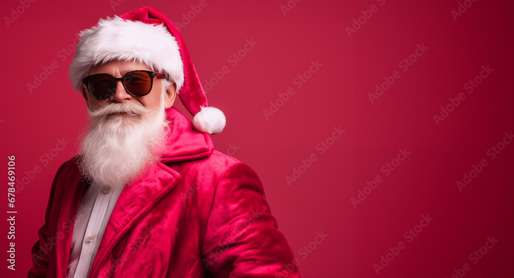 Generative AI photo of cool street vibe Santa Claus in cherry red jacket and sunglasses on a pink background with copy space Generative AI photo of cool street vibe Santa Claus in cherry red jacket and sunglasses on a pink background with copy space
