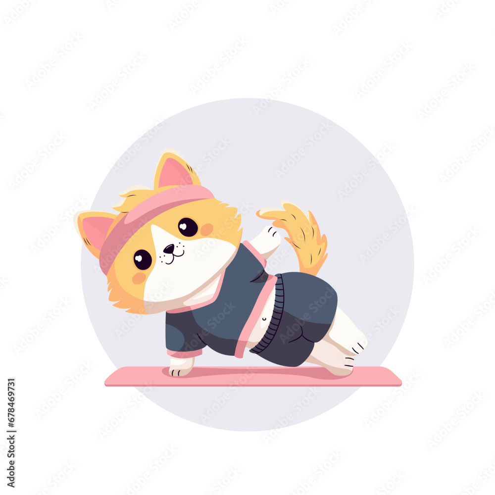 Naklejka premium Kot w sportowym ubraniu ćwiczący na różowej macie.
