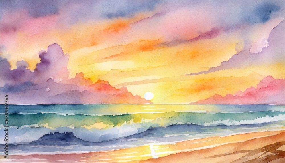 a watercolor of a beach - obrazy, fototapety, plakaty 